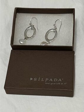 Silpada Silver Hammered Oval Drops with White Coin Pearls Earrings